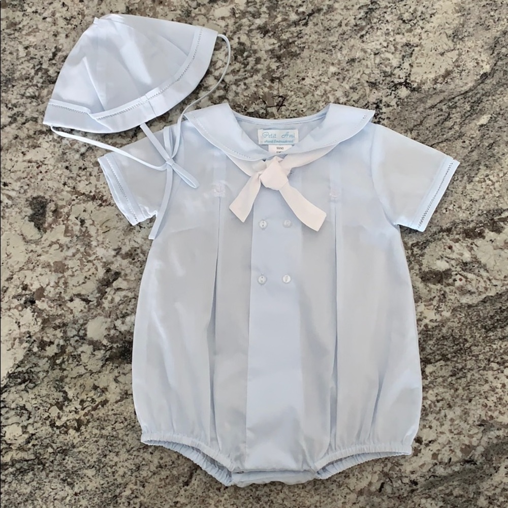 *Petit Ami Boy Embroidered Pleated Bubble & Hat*